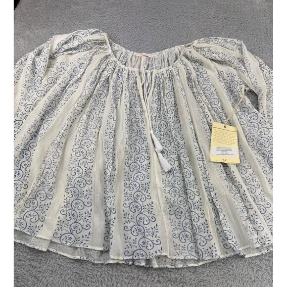 True Religion Womens Boho Top S Blue & White Trellis Print With Princess Seams - Picture 15 of 16